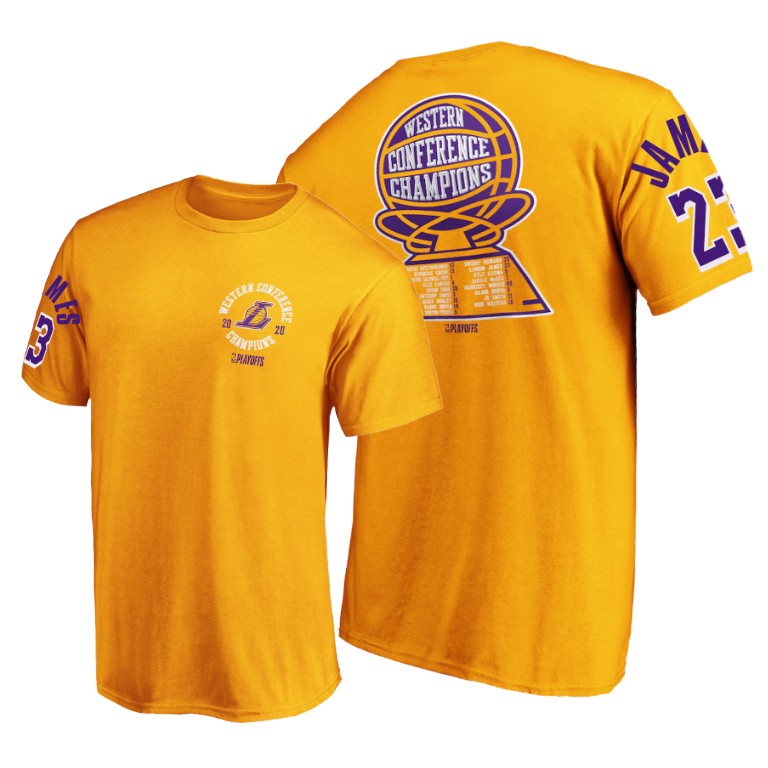 Men's Los Angeles Lakers LeBron James #23 NBA Deliver Roster 2020 Western Conference Champions Playoffs Gold Basketball T-Shirt YZA8783PN